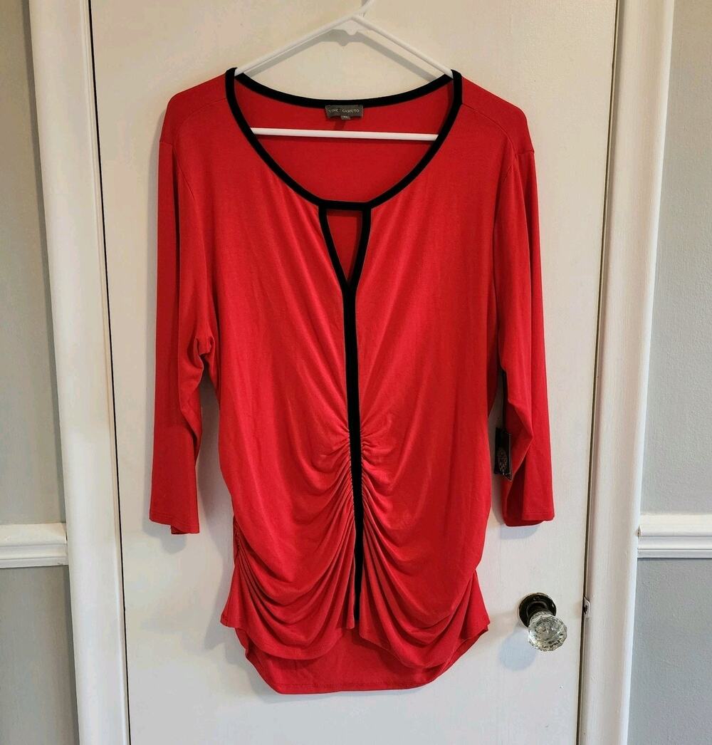NEW Vince Camuto Women's XL Top Cherry Red Ruched Black Piping Long Sleeve Shirt